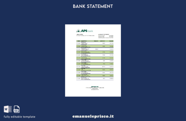 Modello Excel di estratto conto bancario Malta APS in stile verificato